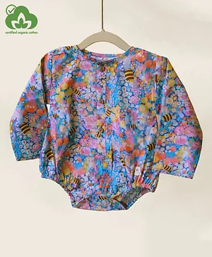 Miko Lolo Organic Cotton Full Sleeves Seamless Ditsy Floral & Honey Bee Printed Onesie - Blue