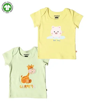 GREENDiGO Pack Of 2 Organic Cotton Short Sleeves Pig Printed & Baby Giraffe Embroidered Tees - Yellow & Green