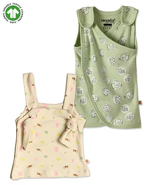 GREENDiGO Organic Cotton Pack Of 2 Sleeveless All Over Baby Animals Printed Top & Dress - Green & Beige