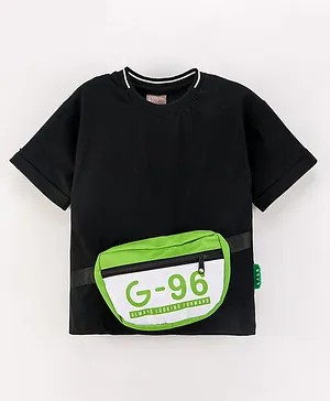 Little Kangaroos Loose Fit Half Sleeves T-Shirt with Pouch - Black