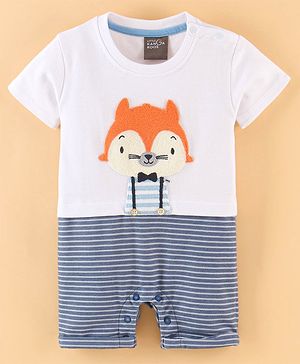 Little Kangaroos 100% Cotton Half Sleeves Romper With Fox Embroidery- White