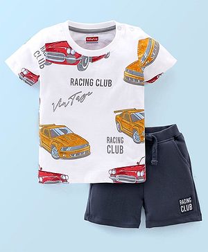 Babyhug 100% Cotton Knit Half Sleeves T-Shirt And Shorts Cars Print - White & Navy Blue