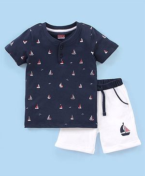 Babyhug 100% Cotton Knit Half Sleeves T-Shirt & Shorts Boat Print - Navy & White