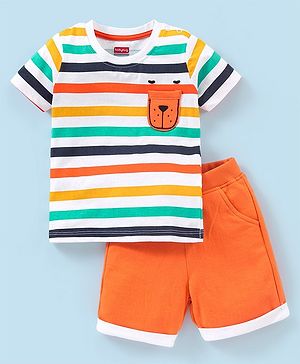 Babyhug 100% Cotton Half sleeves T-Shirt and Shorts Set Striped - Orange