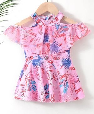 Kookie Kids Sleeveless Frock Swimsuit Tropical Print- Pink