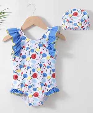 Babyhug Sleeveless V Cut Swimsuit with Cap Polka Cherry Print with - Blue