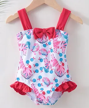 Babyhug Sleeveless V Cut Swimsuit Zebra Print & Bow Applique - Red White & Blue