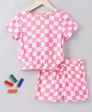 Ed-a-Mamma Cotton Sustainable Half Sleeves Crop Top and Shorts Checks Pattern Set - Pink