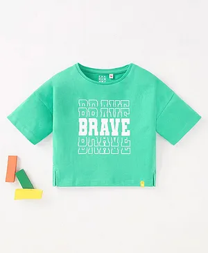 Ed-a-Mamma Sustainable Cotton Drop Shoulder Sleeves Text  Printed T-Shirt - Green