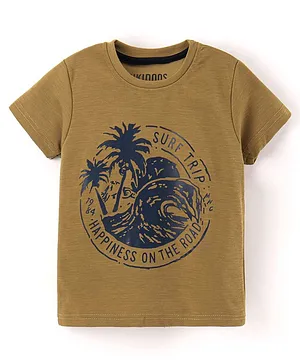 Rikidoos Half Sleeves Beach Theme Surf Trip T-Shirt - Khaki Brown