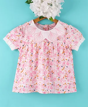 Kookie Kids Half Sleeves Printed Top With Embroidery Detailing- Pink