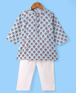 Babyhug 100% Cotton Full Sleeves Floral Printed Kurta & Pyjama Set - Blue