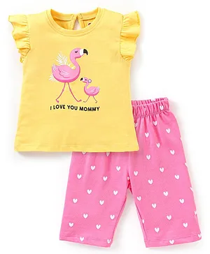 Babyhug Cotton Cap Sleeves Capri Night Suit Flamingo Print - Pink