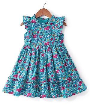 Babyhug 100% Cotton Woven Cap Sleeves Ethnic Dress with Floral Print - Blue