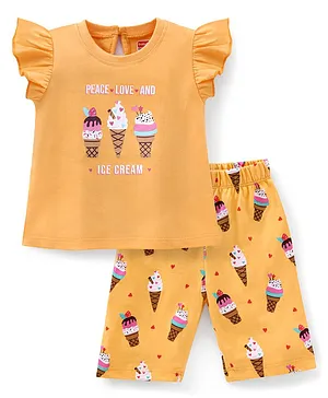 Babyhug Cotton Knit Cap Sleeves Night Suit Ice Cream Print - Yellow