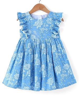 Babyhug Cotton Woven Sleeveless  Ethnic Dress with Floral Print - Sky Blue