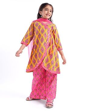 Babyhug 100% Cotton Woven Three Fourth Sleeves Angarakha Kurti & Palazzo Set With Shaded Dupatta Floral Print - Mustard