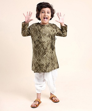 Babyhug Rayon Full Sleeves Kurta With Dhoti Rayon Slub Bandhani Print - Green