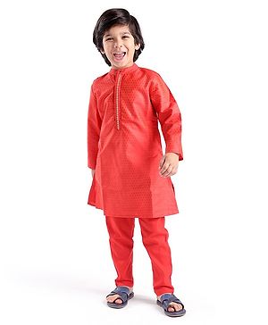 Babyhug Full Sleeve Dobby Kurta With Pyjama Set-Red
