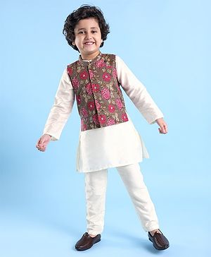 Babyhug 100% Cotton Full Sleeves Kurta & Pyjama With Floral Print Waistcoat - Cream Brown & White