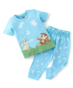 Babyhug Cotton Half Sleeves Night Suit Bunny & Monkey Print- Blue