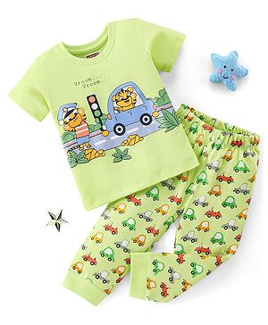 Babyhug Half Sleeves Nightwear Pajama Set Tiger and Car Print - Green
