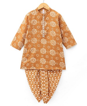 Babyhug 100% Cotton Woven Full Sleeves Kurta With Dhoti Floral Print - Mustard
