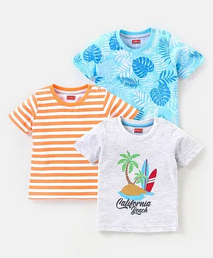 Babyhug Cotton Jersey Half Sleeves Striped & Tropical Printed T-Shirts Pack Of 3 - Orange Blue & Grey