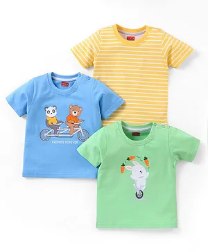 Babyhug Cotton Half Sleeves T-Shirt Stripes & Panda Print Pack of 3- Green & Blue