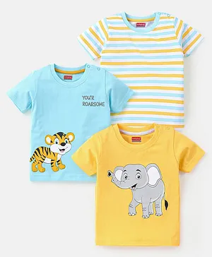 Babyhug Cotton Jersey Half Sleeves Striped & Animal Printed T-Shirts Pack Of 3 - Yellow & Blue