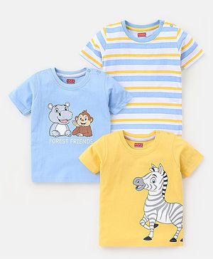 Babyhug Cotton Jersey Half Sleeves Striped & Animal Printed T-Shirts Pack Of 3 - Yellow & Blue