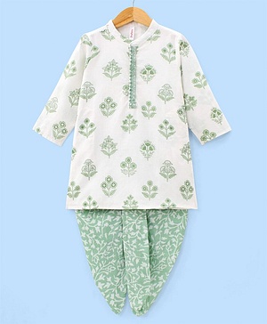 Babyhug 100% Cotton Woven Full Sleeves Kurta With Dhoti Floral Print - White