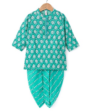 Babyhug 100% Cotton Full Sleeves Leafs Printed Kurta with Printed Dhoti Set - Sea Green