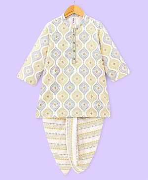 Babyhug 100% Cambric Full Sleeves Kurta With Dhoti Argyle Print - Beige