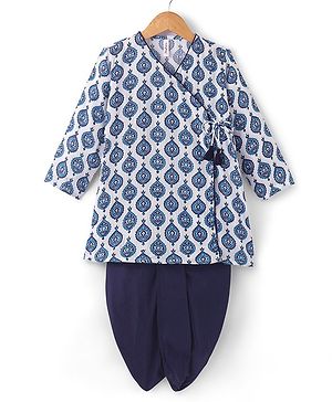 Babyhug 100% Cotton Woven Full Sleeves Kurta With Dhoti Angarakha Print - Navy Blue & White