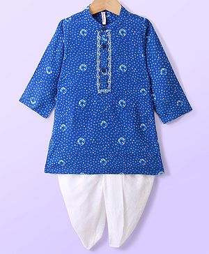 Babyhug 100% Cotton Full Sleeves Kurta With Dobby Dhoti Set Ikat Print & Embroidery - Blue