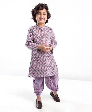 Babyhug 100% Cotton Woven Full Sleeve Floral Printed Kurta & Laheriya Printed Dhoti Set- Pink