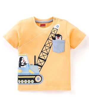 Babyhug Cotton Jersey Half Sleeves T-Shirt Construction Vehicle Print - Peach