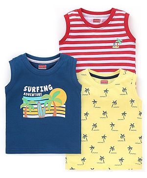 Babyhug Cotton Knit Sleeveless T-Shirts Striped and Palm Trees Print Pack of 3 - Yellow Blue & Red