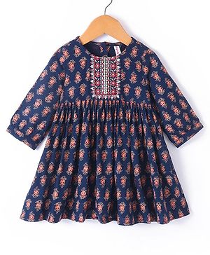 Babyhug 100% Cotton Woven Threefourth Sleeve Ethnic Dress With Floral Embroidery Detailing At Yoke - Navy Blue