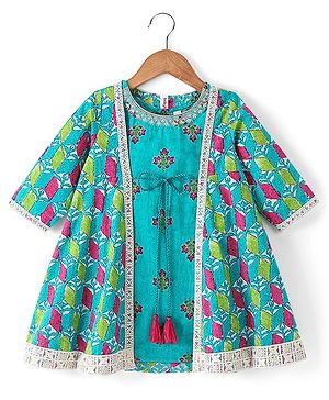 Babyhug Cotton Woven Floral Printed Ethnic Dress with Full Sleeves Embroidered Border Jacket - Turquoise