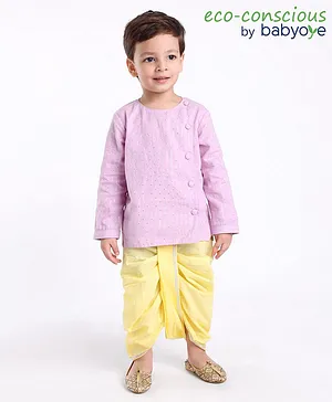 Babyoye Cotton Woven Full Sleeves Textured Kurta & Dhoti Set Lace Detailing - Purple & Yellow