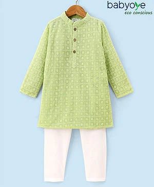 Babyoye 100% Cotton Full Sleeves Kurta Pyjama Set Embroidered - Green
