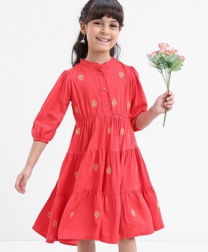 Babyhug Rayon Three Fourth Sleeves Embroidered Ethnic Dress- Coral