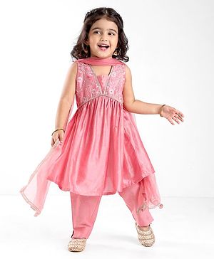 Babyhug Sleeveless Foil Printed Kurta With Pant And Dupatta Set With Embroidery Detailing- Pink