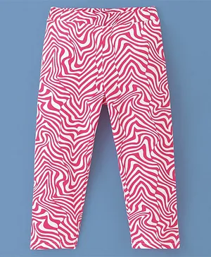 Pine Kids Cotton Knit Three Fourth Length Biowashed Stretchable Leggings Abstract Print - Pink & White