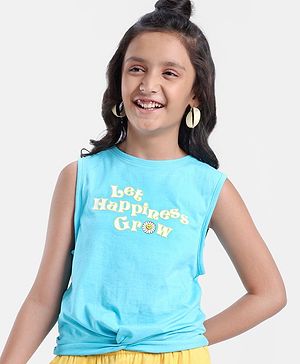 Pine Kids Cotton Knit Sleeveless T-Shirt With Front Mock Knotting & Text Print - Blue