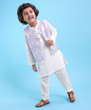 Babyhug 100% Cotton Woven Full Sleeves Kurta & Pajama Set with Stripes Embroidered Bandi Jacket - White