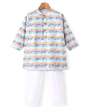 Babyhug 100% Cotton Full Sleeves Kurta With Payjama Set With Ikat Print - White