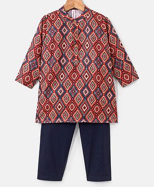 Pine Kids 100% Cotton Full Sleeves Printed Kurta & Pyjama Set- Maroon